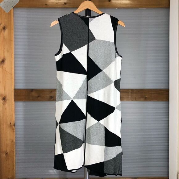 Lafayette‎ 148 Black White Geometric Pockets Long Sleeveless Knit Cardigan Sz M - Picture 6 of 11